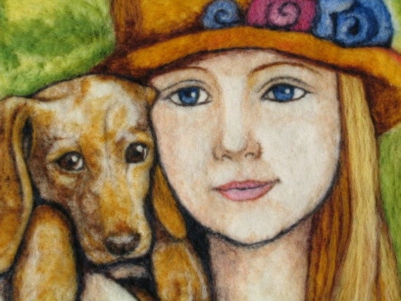 Needle Felt Art - Wall Hanging of Girl With Puppy