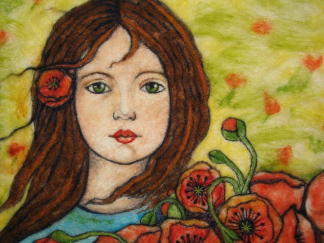 Needlefelt Art Wall Hanging - Girl Gathering Poppies In The Field