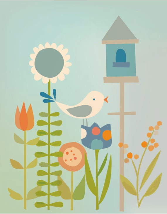 garden birdhouse in blue and orange. 8 x 10 printed illustration of a bird in the garden