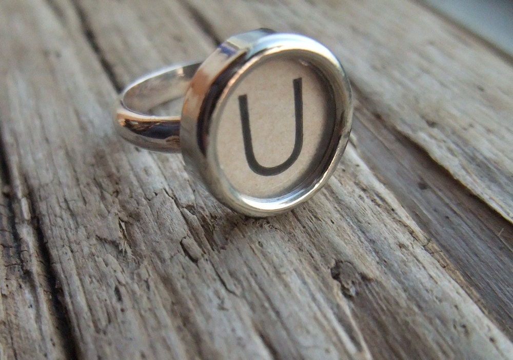 Typewriter Key Ring Letter U Sterling Silver Size 7 3/4