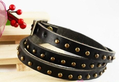 Black Leather Bracelet Wristband Mens Womens ff10