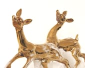 Vintage large deers statues retro ceramic golden and white mid century