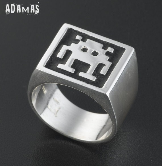 Sterling Silver Square Space Invaders Ring