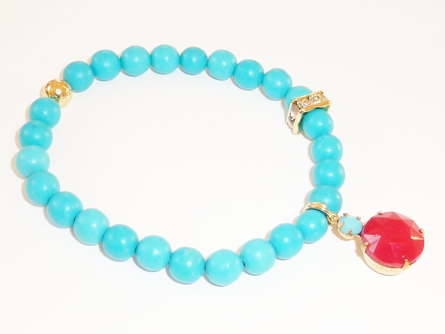 Gemstone Beaded Bracelet in Bright Blue Chalk Turquoise with Vintage Faceted Red and Turquoise Glass Charm