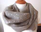 Organic soft linen with silver speckles unisex fringed loop scarf infinity circle, eco natural linen spring summer collection