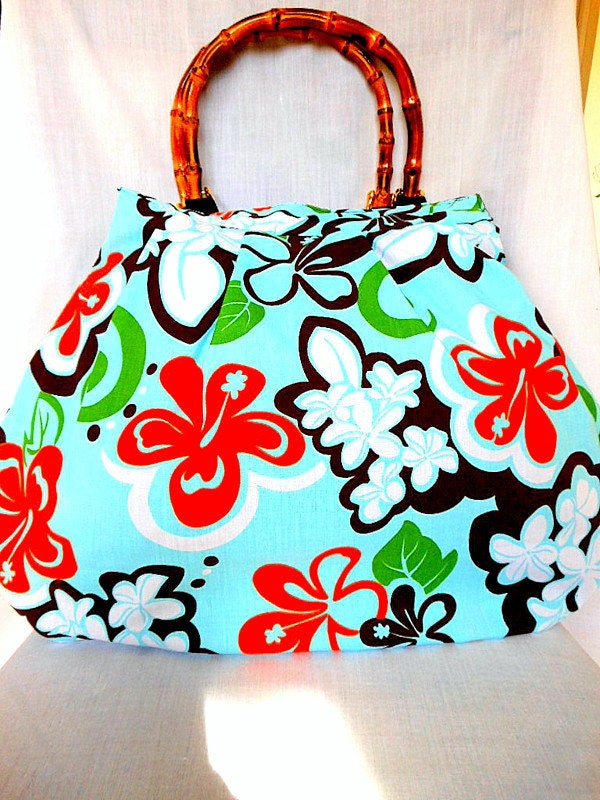 Large Handbag Hawaiian Bag Purse Tote Bamboo Handles Hawaiian Blue Orange White Floral fabric In Stock