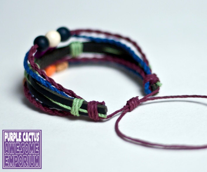 Handmade Retro Bracelet - Hemp and leather cord peace sign bead bracelet