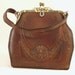 Art Deco or Nouveau 1918 Lotus Design Tooled Leather Bag with Enamel Jemco Frame Turnloc Latch -- SALE 10.00 OFF