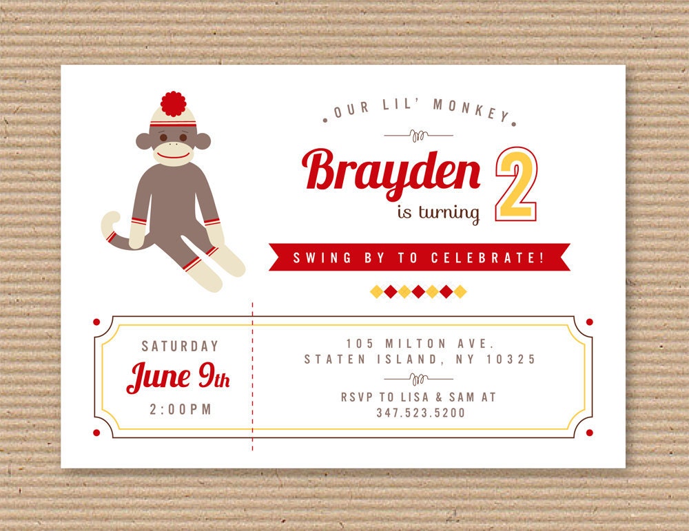 Sock Monkey Birthday or Baby Shower Invitation, Vintage Inspired, PRINTABLE FILE - by Luvalexa