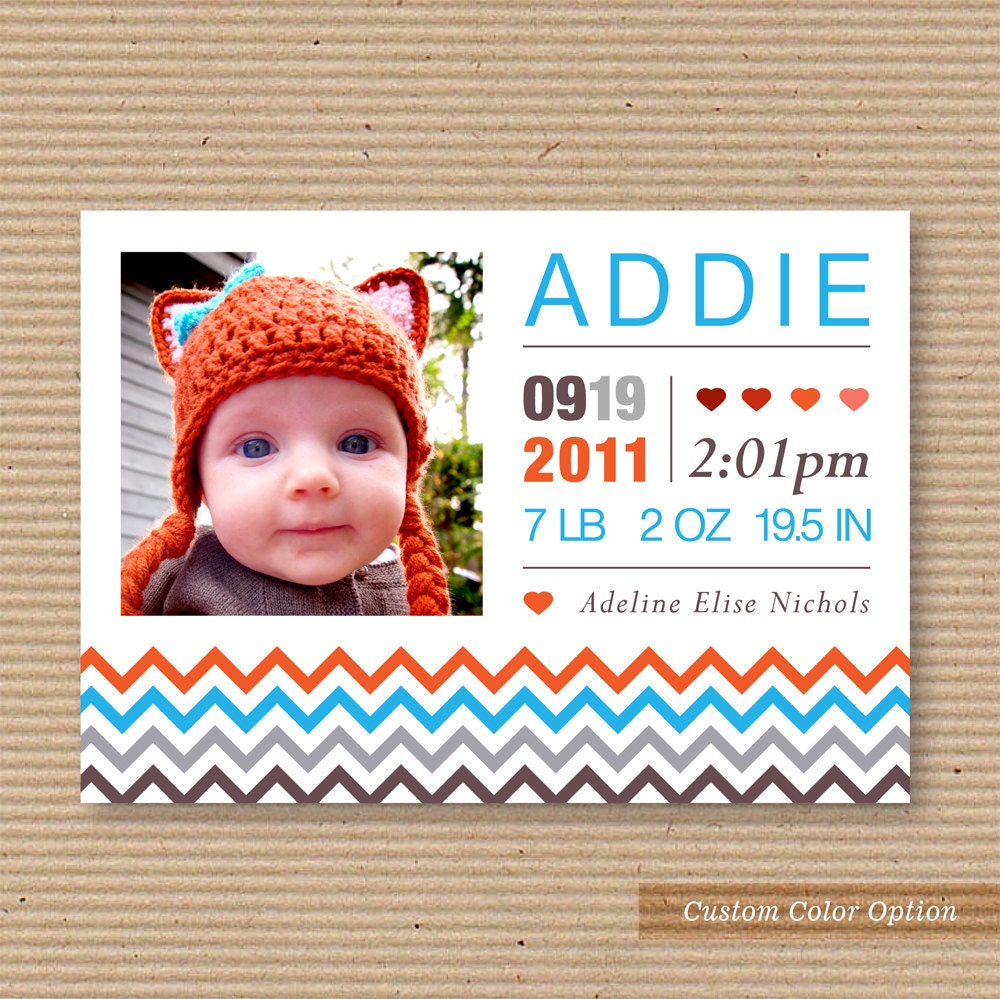Birth Announcement - Custom Photo Card - for Baby Boy or Girl - digital file DIY - "Chevron Pattern"