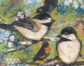 Bird Art Print - Birds of Winter Chickadees 8x10 Art Print from mixed media original collage of songbirds on snowy tree branches