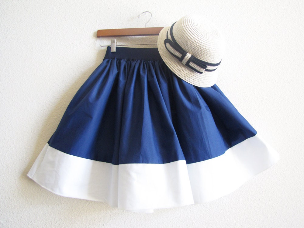 Nautical Navy Blue and Summer Cotton White Sailor Mori girl Full skirt