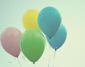 balloons, blue, green, yellow, pink, dreamy, fine art photography