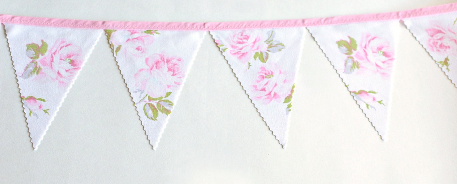 Pink Rose - Vintage Floral Bunting Banner with 12 Flags