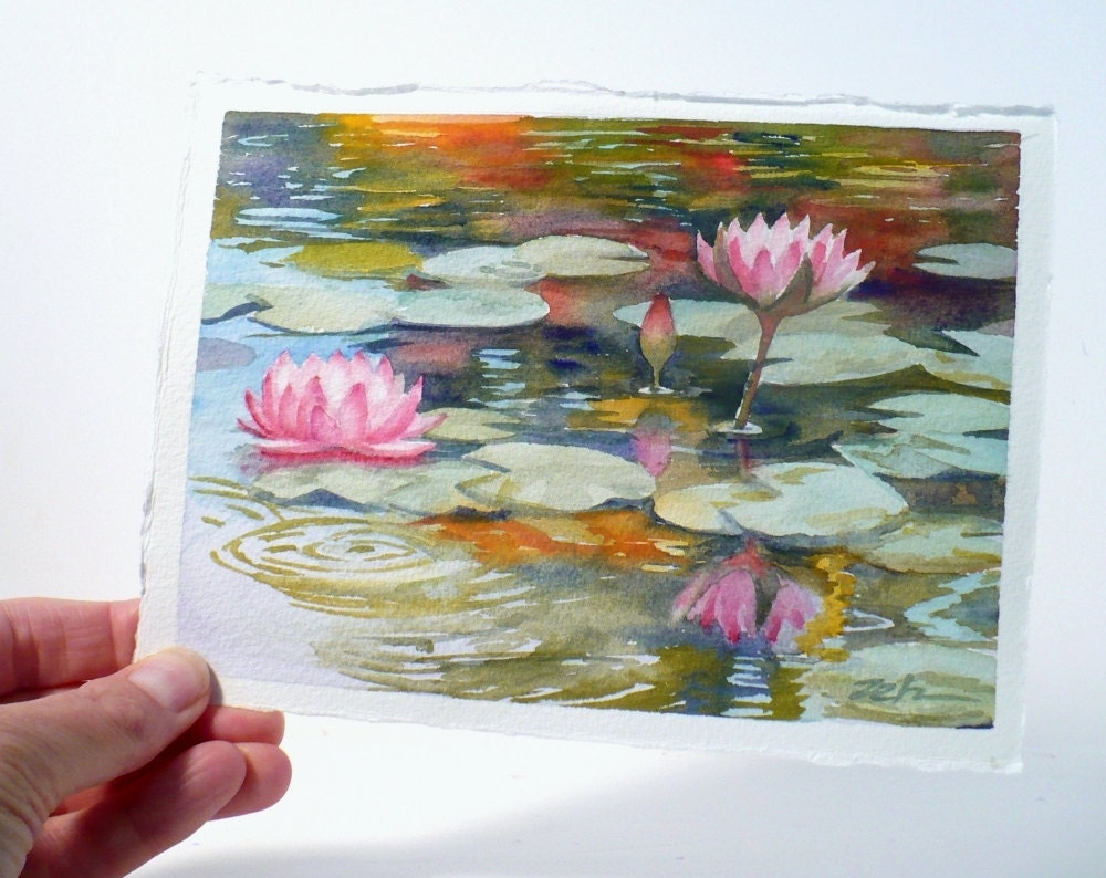 Hawaii Painting Water Lilies Original Watercolor Koi Pond 5x7 Janet Zeh