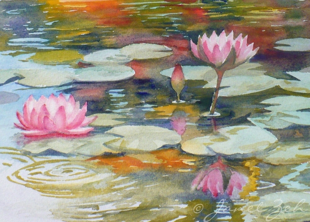 Hawaii Painting Water Lilies Original Watercolor Koi Pond 5x7 Janet Zeh