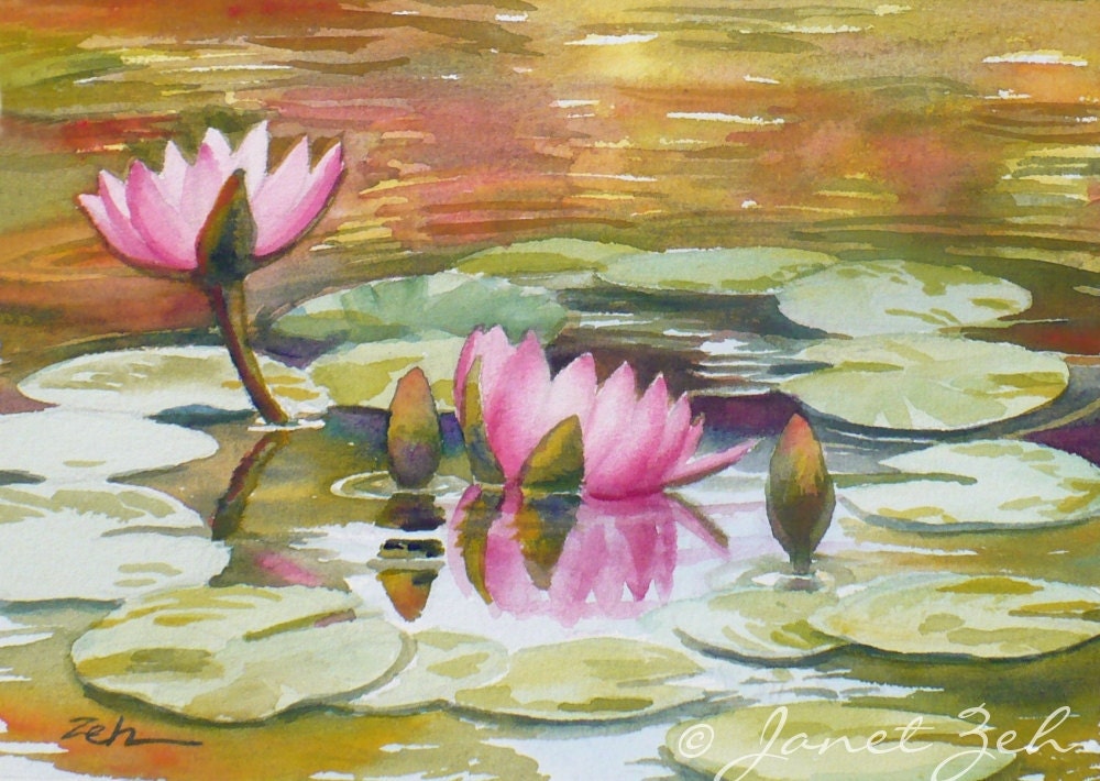 Water Lilies Pond Original Watercolor 5x7 Hawaii Art Janet Zeh