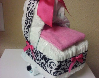 Black and white Damask with Hot Pink diaper bassinet, baby shower decoration