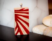 Wooden Block Pendant Necklace Abstract Red Lines