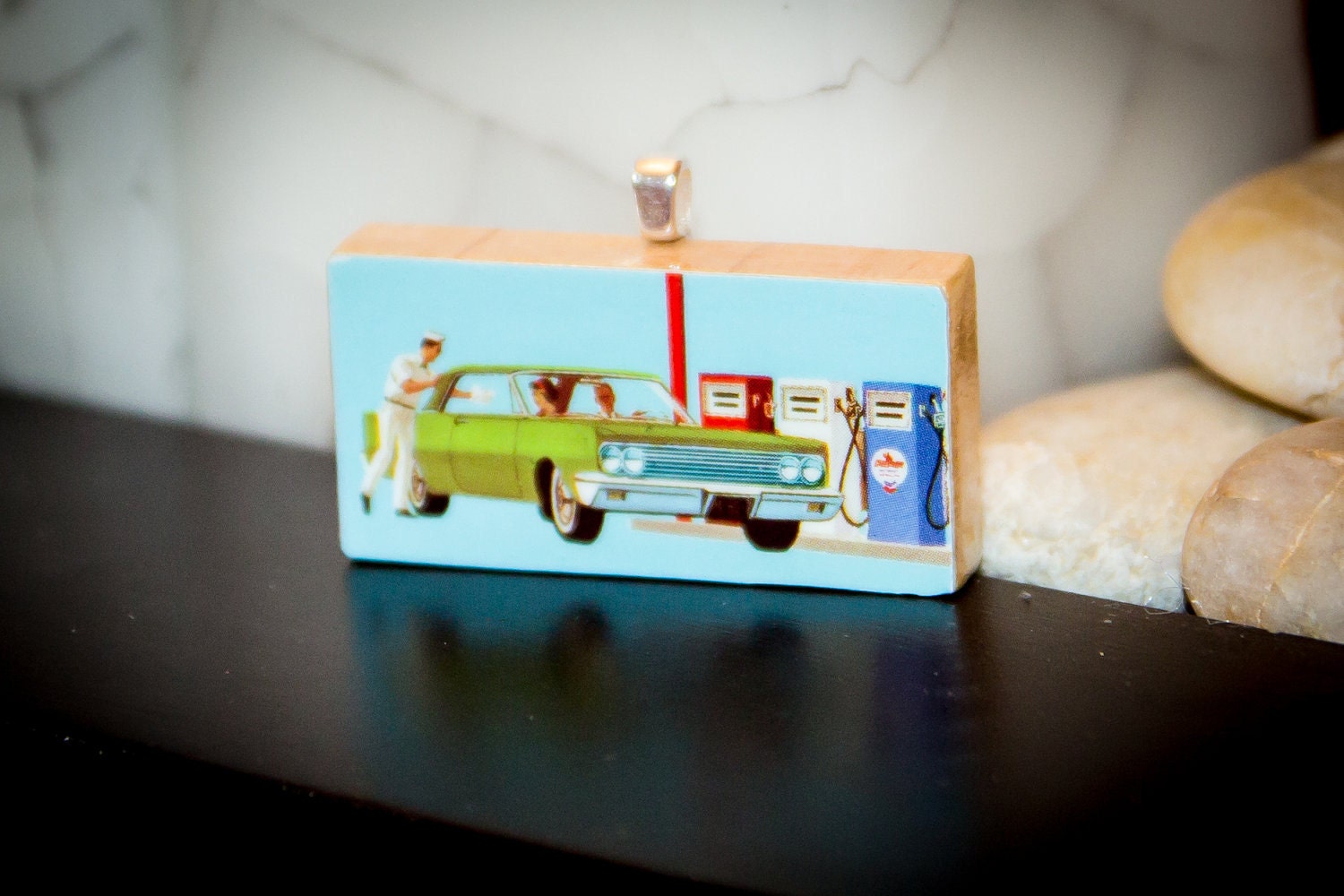 Wooden Block Pendant Necklace Vintage Car Blue Green