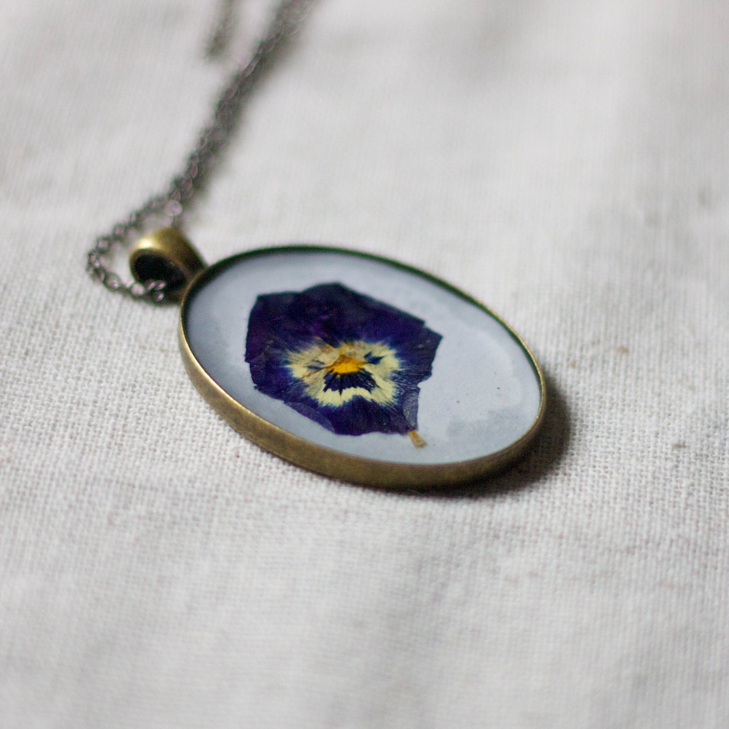 pressed flower necklace natural botanical jewelry handmade resin necklace dark purple pansy cottage garden shabby chic pendant