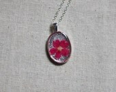 pressed flower necklace real resin dark pink wildflower botanical pendent. resin jewelry shabby chic spring handmade jewelry silver
