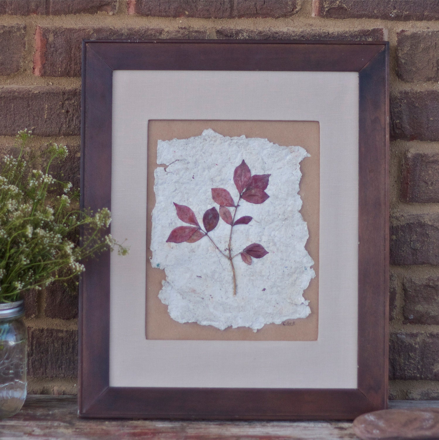 real pressed leaf artwork fire bush red branch botanical natural wall art for your home, country cottage farmhouse rustic shabby chic