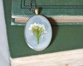 pressed flower necklace white bouquet pressed botanical Pendant Jewelry with Handmade Paper - resin jewelry spring summer garden