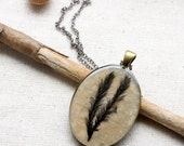 real feather resin necklace black Feather pendant sheen nature black and white cream set in bronze bird woodlands - StudioBotanica