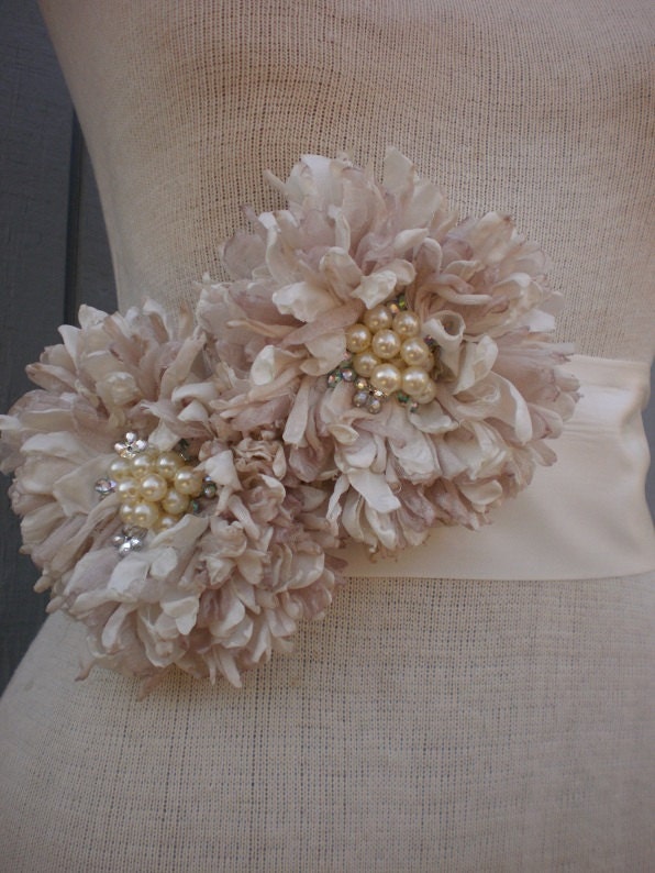 bridal, wedding handmade sash two flowers