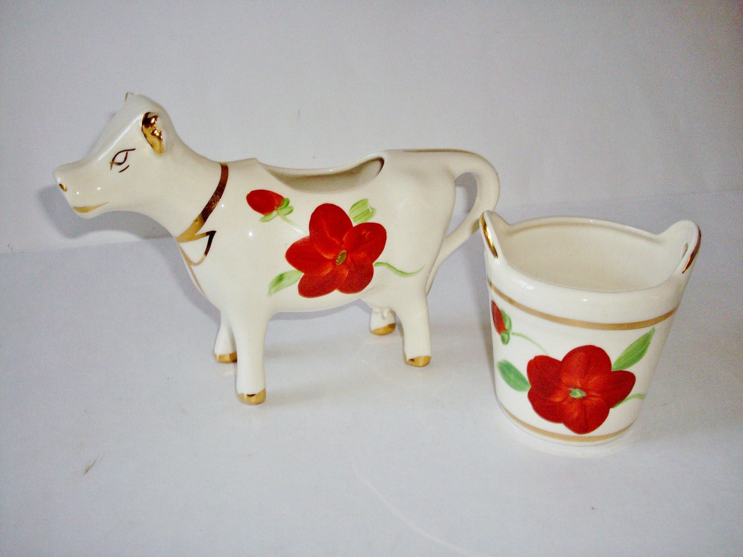 Vintage Creamer Sugar Set Cow Bucket 1930's Farmhouse Cottage Shabby Chic