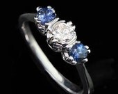 Vintage Inspired 14K White Gold 3 Stone Diamond And Sapphires Engagement Ring