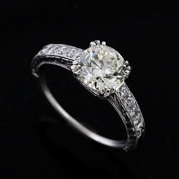 Vintage Style Engraved Platinum Old European Cut Cushion Diamond Engagement Ring Mounting
