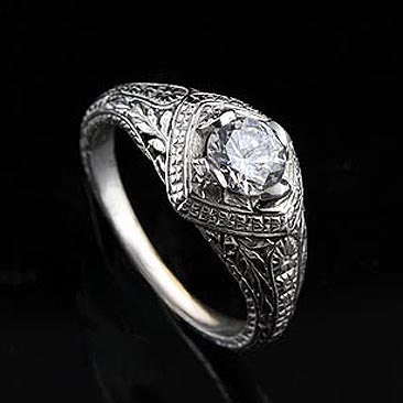 Diamond Engagement Filigree Ring 14K White Gold