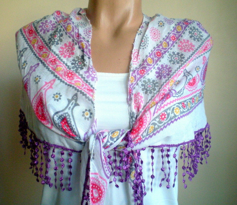 Cotton Yemeni Scarf Purple Pink Flowered Frilly Shawl Floral Cowl
