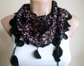 Pink Black Scarf  Floral Cotton Scarf Lightweight Yemeni Scarflette Lace Edge Cowl