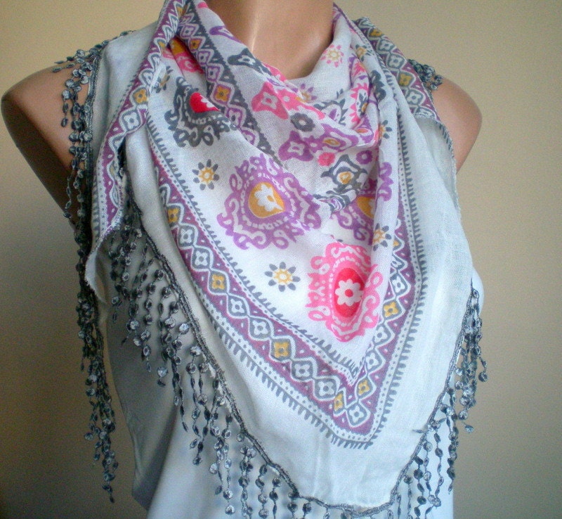 Women Cotton Floral Scarf in Gray Pink Purple Multicolor Frilly Shawl Scarflette Spring Fashion