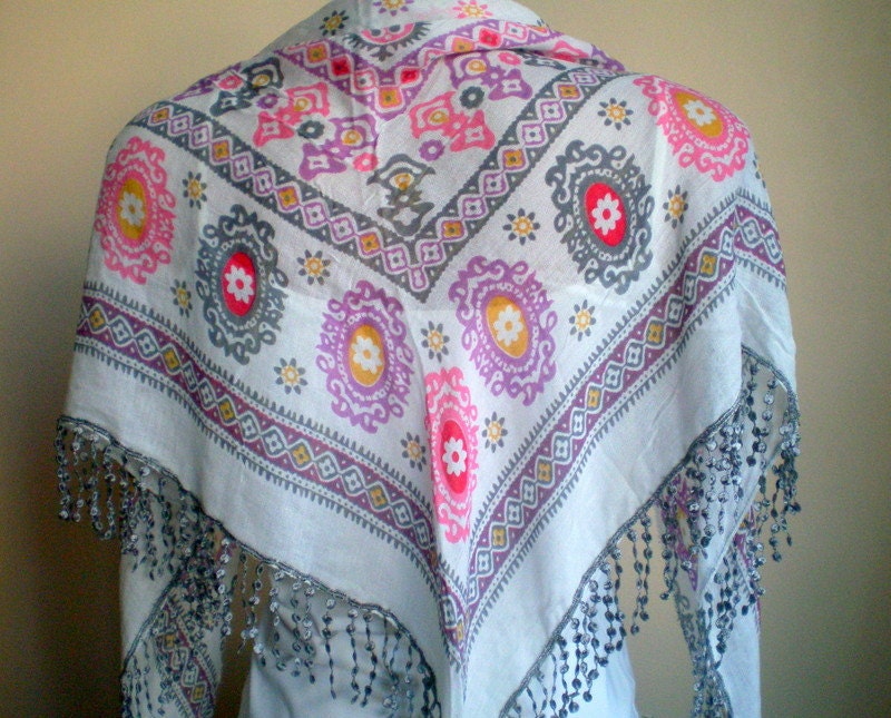 Women Cotton Floral Scarf in Gray Pink Purple Multicolor Frilly Shawl Scarflette Spring Fashion