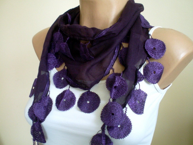 Purple  Scarf Cotton Scarf Headband Cowl with Lace Edge Women Scarf