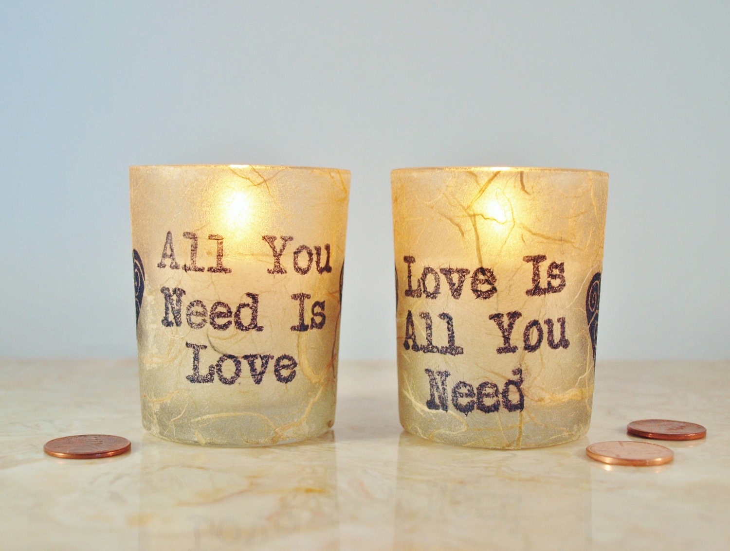 2 "All You Need is Love" Rustic Wedding Candles, Votive Candle, Beatles, Rustic, by Green Orchid Design Studio