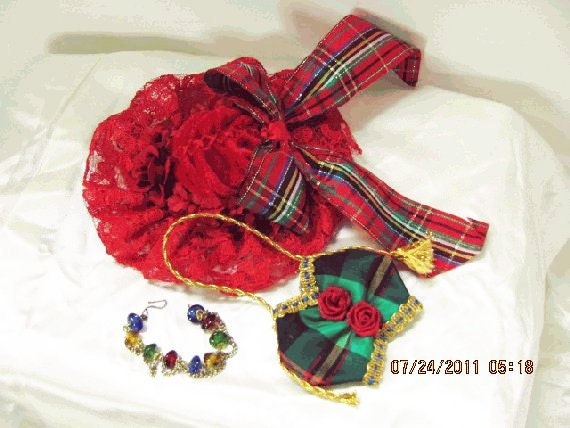 doll accessories, Barbie hat, purse, necklace, OOAK red , Handmade checkered set
