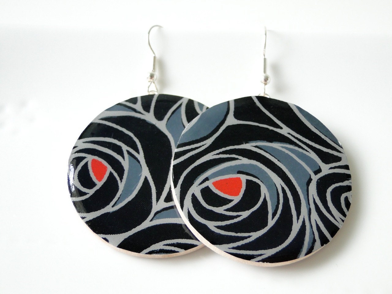 Black Large Circle Earrings Japanese Paper large roses with a hint of red and gray