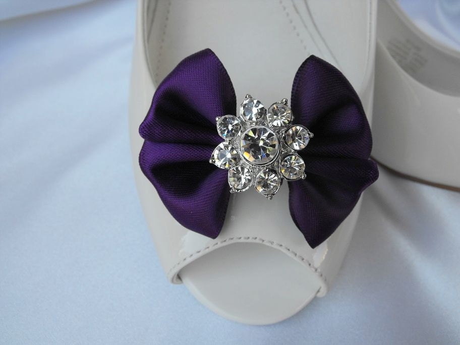 Handmade bow shoe clips with rhinestone center bridal shoe clips wedding accessories in dark purple (eggplant)
