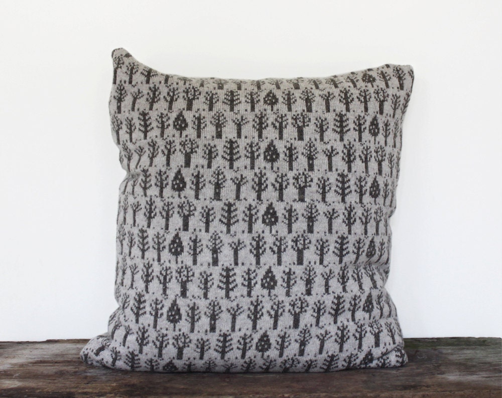 Pillow - Little Trees, large soft knitted pillow - ecru, brown 24x24, includes insert