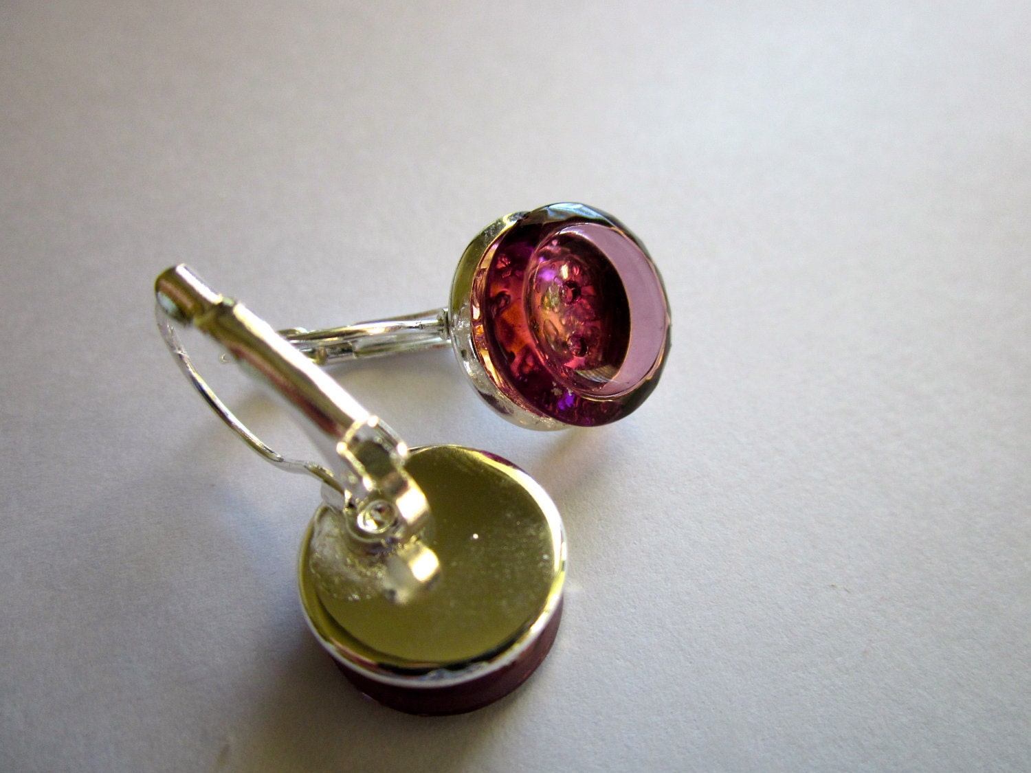 Vintage purple glass 2-hole button earrings, silver leverbacks