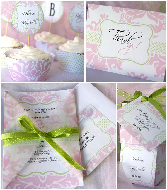 Pink Damask Baby Shower  - Baby Girl Pink and Green  - Party Printables - Complete Set w. BONUS GAMES - DIY Party Supplies and Decorations