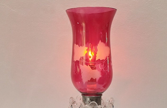 Reserved  for Pnoto           Vintage Hurricane Lamps ruby glass with crystal prisms 1930's