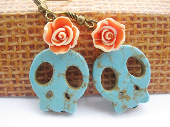 earrings---orange resin rose&blue rammel skull
