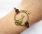 Bracelet---antique bronze Cat and mouse&brown leather chain