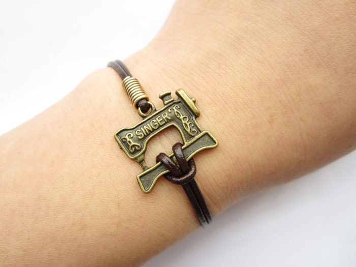 Bracelet---antique bronze Sewing machine pendant & brown leather chain